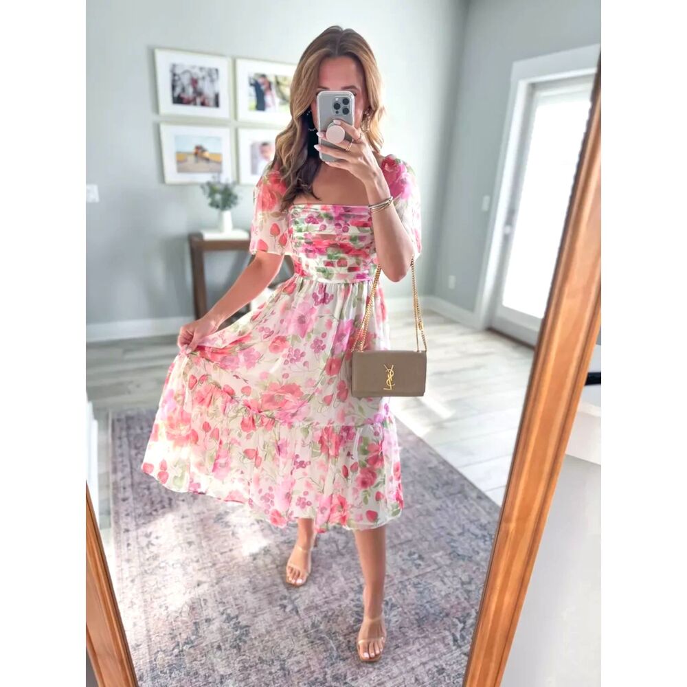 Abercrombie & Fitch Emerson Strawberry Floral Tiered Angle Sleeve Midi Dress S